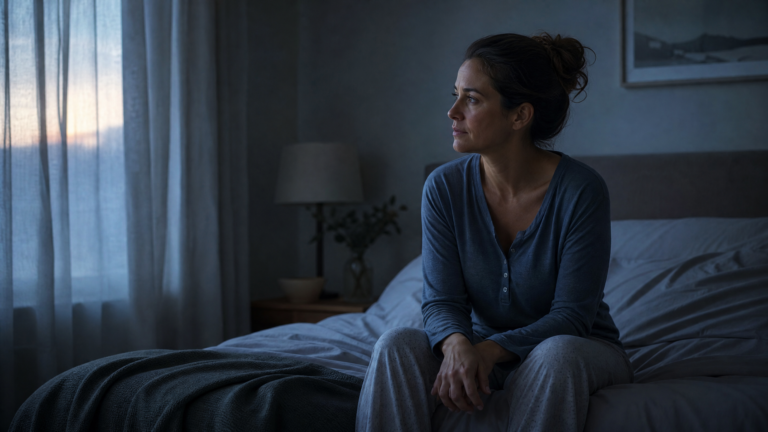 can't sleep through the night — woman awake in bed at 2 a.m. looking at the ceiling