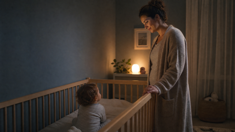 toddler night waking infographic — four causes: sleep-onset associations, low iron stores, disrupted breathing, developmental leaps